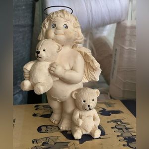 Vintage cherub with two baby bears cast figurine